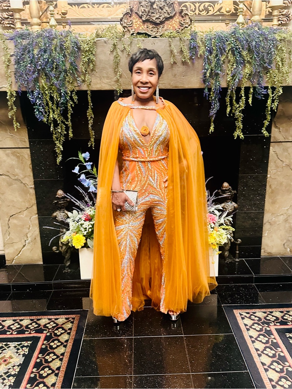 Jovani Orange Embellished Jumpsuit with Sheer Cape